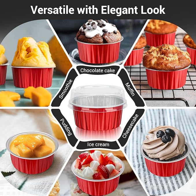 EUSOAR Mini Cake Pans with Lids, 200pcs 5oz Disposable Foil Cups with Lids for Creme Brulee Flan Cheesecake Dessert, Mini Aluminum Baking Mold Container for Wedding Party Single Serving Holiday