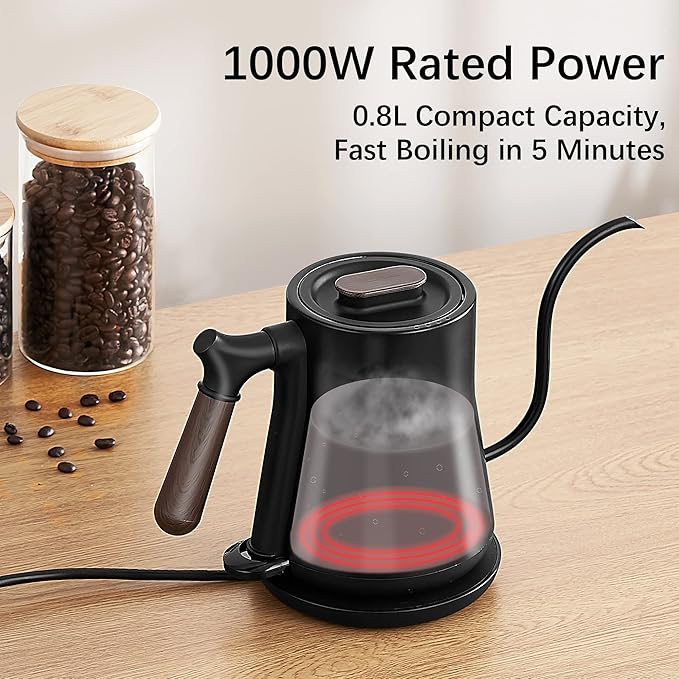 Gooseneck Electric Kettle, 1000W, Pour-over Coffee & Tea, Stainless Steel, Hot Water, 0.8L, Small, Auto Shut-Off & Boil Dry Protection, BPA Free