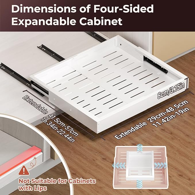 1 Pack Pull Out Cabinet Organizer, Slide Out Drawer Expandable Width (12"-19") and Depth (17"-23") With 3 Slides, Fixed with Adhesive Film and Nail for Cabinets in Kitchen, Pantry or Bathroom