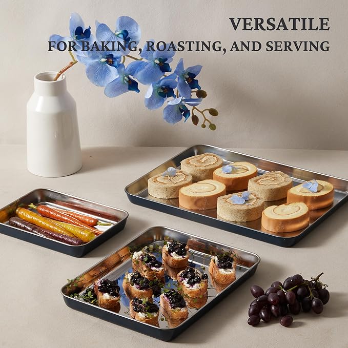 BRONYPRO Stainless Steel Baking Sheet Pan Set of 3, Cookie Sheets 9/12/16 In, Non-Toxic Uncoated Interior (PFOA & PTFE Free), Solid Warp-Resistant Cooking Trays for Oven & Toaster, Navy Exterior