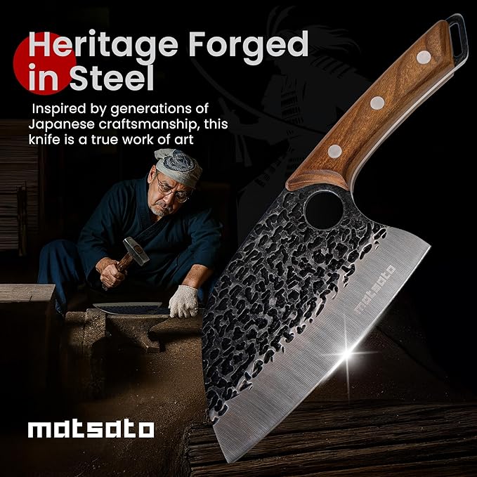 Matsato Cleaver Knife – Japanese Steel Cooking Butcher Knife for Meat & Vegetables Chopping, 5.8 Inch Kitchen Knife, Christmas Kitchen Gift for Men & Women