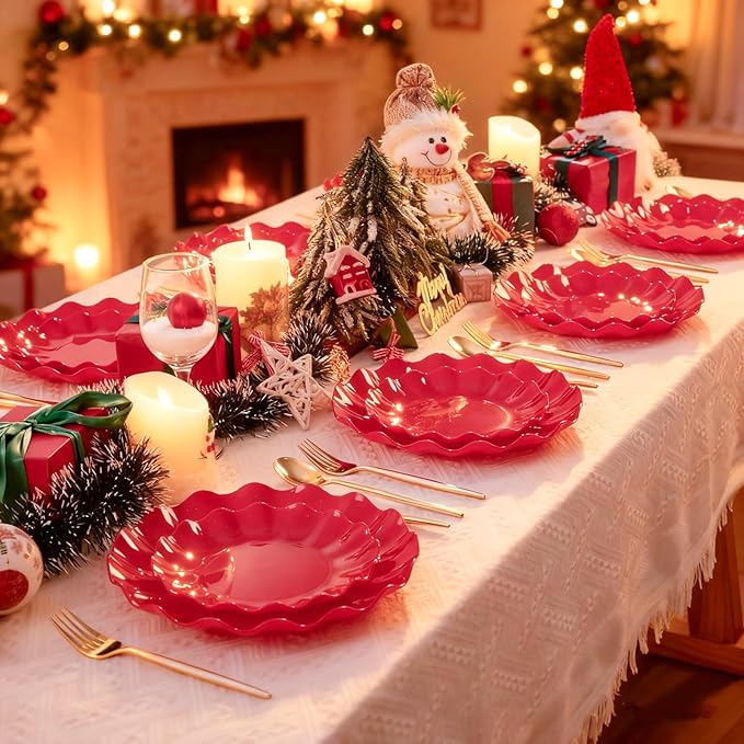 LIYH 50 Pcs Red Plastic Plates Reusable Christmas Plastic Plates Unbreakable Holiday Dinnerware Set Scalloped Plate for Christmas Day,Dishwasher Safe BPA Free (25Guests)