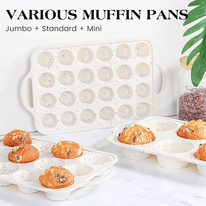 1 Pc Mini Muffin Pans with Metal Reinforced Frame, 24 Cups Nonstick Silicone Cupcake Tray for Baking, Food Grade Small Muffin Molds with Handles (Cream)