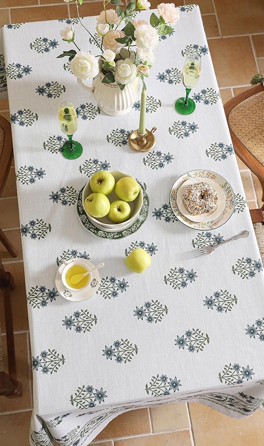 ISAENNE Designer White Linen Small Square Tablecloth,Chinoiserie Floral Elegant Indoor Table Cloth,Fall Stain Proof Decor Tablecloths for Dining Thanksgiving Kitchen Party,55"*55"-Mosella F