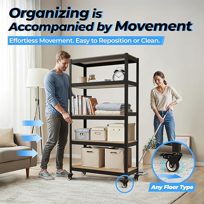 HOMEDANT House 5-Tier Metal Rolling Cart Shelf Rack Casters Heavy Duty Laminated Wheel Shelving Unit Adjustable Utility Storage Shelves Organizer Shelf Kitchen Garage 36.2" W x 16.5" D x 69.5" H 1Pack