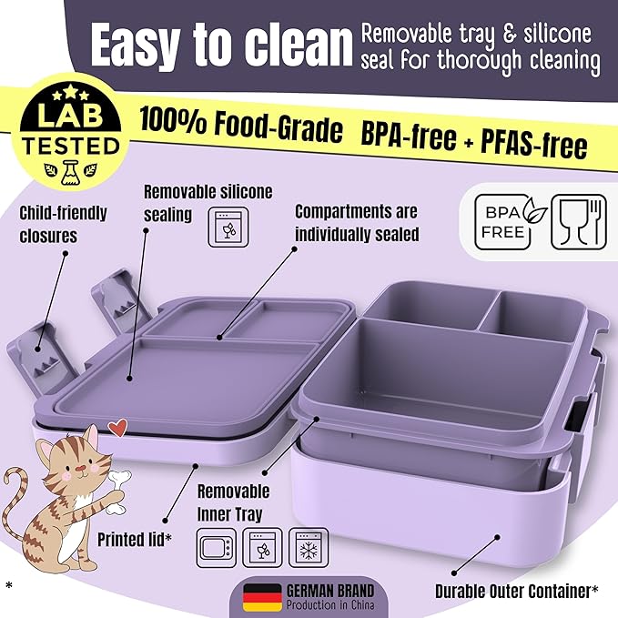 BEARFOOT Kids Lunch Box with Compartments – Compact & Lightweight | Leak-Proof, BPA-Free, Dishwasher & Microwave Safe | Hand-Drawn Design for Preschool, School, Travel (Mermaid Purple, 2.75 Cups)