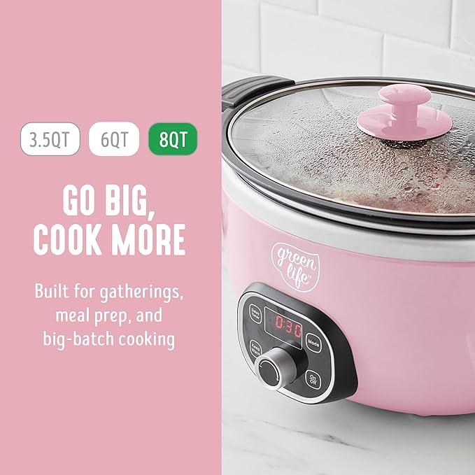 GreenLife 8QT Slow Cooker, Non-Toxic PFAS-Free Ceramic Nonstick Removable Interior Bowl, Programmable, Family Friendly, Keep Warm, Stovetop & Oven Safe, Dishwasher Safe Parts, Timer, Glass Lid, Pink