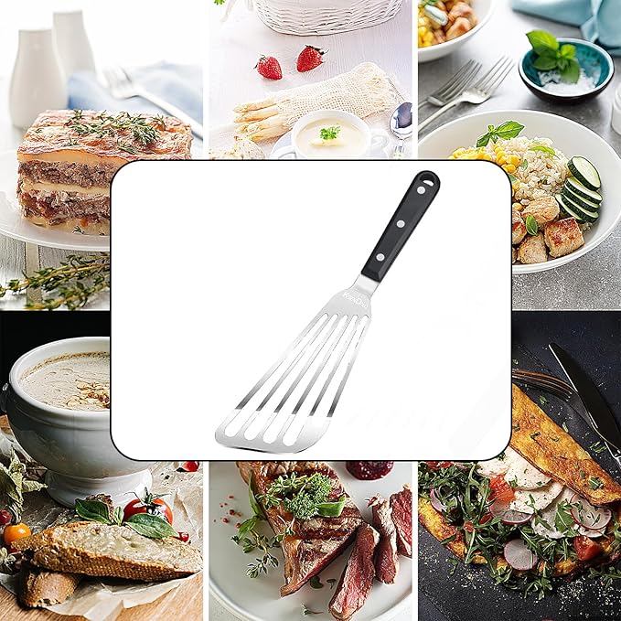 KSENDALO Fish Spatula Stainless Steel, Egg Flipper Spatula with Thin Flexible Slotted and Angled Blade for Kitchen Cooking, Grill, Camping, Essential Metal Spatulas,Silver Kitchen Utensils Set