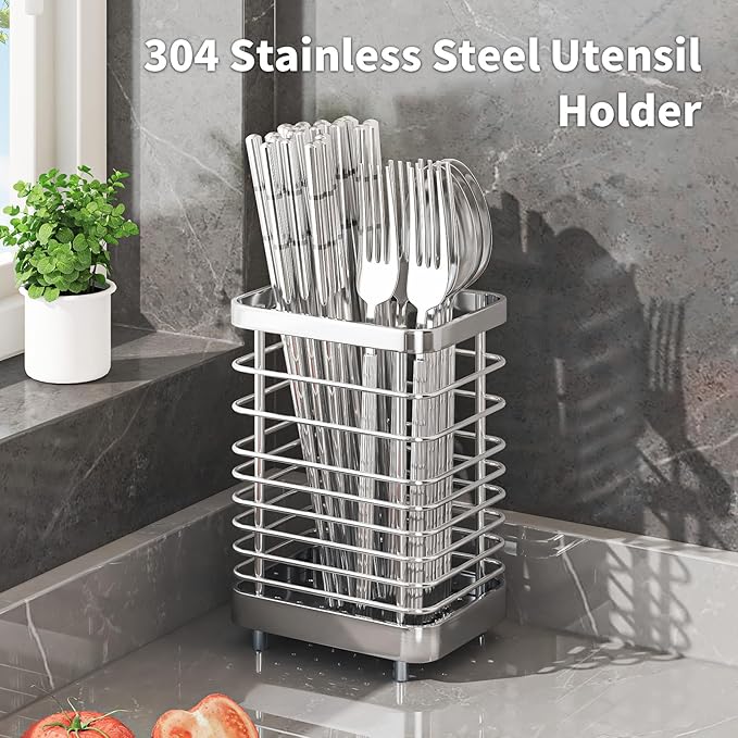 Kitchen Utensil Drying Rack,304 Stainless Steel Chopsticks Spoon Fork Knife Drainer Basket Flatware Storage Drainer, Dish Drainer for Kitchen Counter