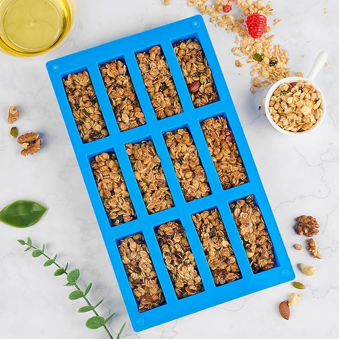 3 PCS Granola Bar Mold, 12 Cavity Rectangle Silicone Bar Mold for Baking Chocolate/Candy/Protein/Energy Bar, Caramel, Truffle, Brownie, Cheesecake, Ganache, Butter