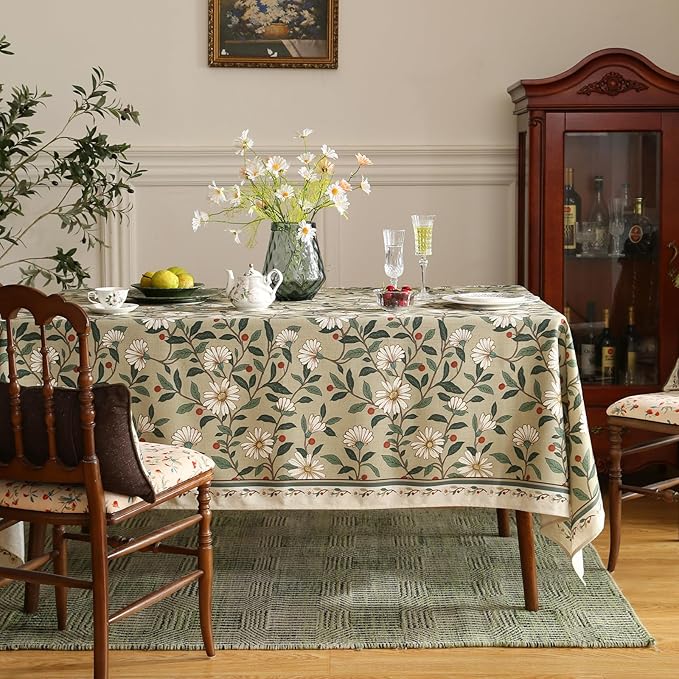 ISAENNE Designer Green Linen Square Table Cloth,Floral French Country Indoor Tablecloth,Stain Resistant Home Decor Tablecloths for Dining Kitchen Thanksgiving Christmas Party,67"*67"-Brune