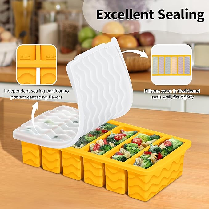 2-Pack Silicone Freezer Trays with Lid, 2 Large 2-Cup(500ml) & 6 Small 1/2-Cup(125ml) Soup Freezer Container Molds, Ice Cube Tray For Meal Prep & Freezing Soup, Stews, Sauces, Oven & Dishwasher-Safe