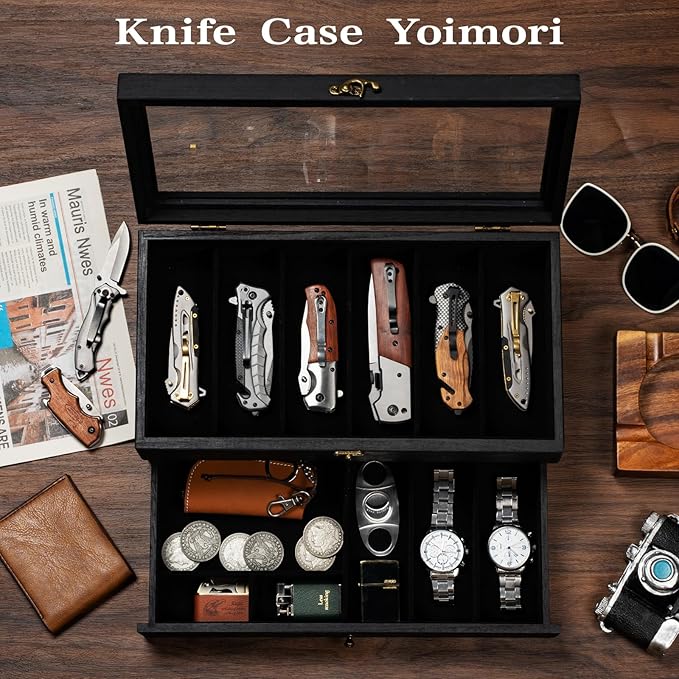 Knife Display Case, 2-Layer Pocket Knife Case Display & Storage Knives, Solid Wood Knife Case for Collections, Gift for Boyfriend Fathers Day Birthday Gifts(Black)