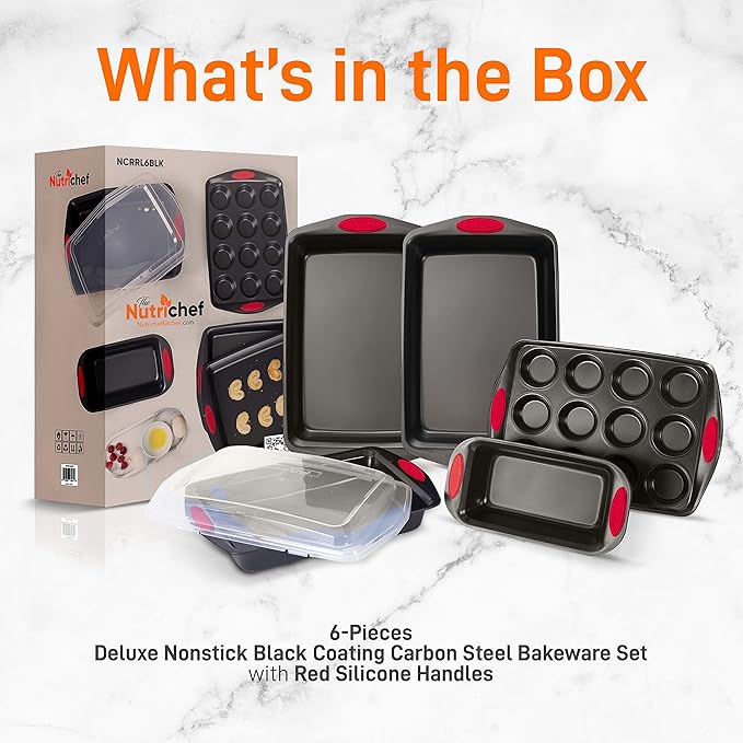 NutriChef 6-Piece Baking Pan Set - Carbon Steel Stackable Bakeware with Red Silicone Handles & Nonstick Coating, Includes Cookie Sheets, Roaster Pan with Lid, Loaf Pan, and 12 Cup Muffin Pan (Black)