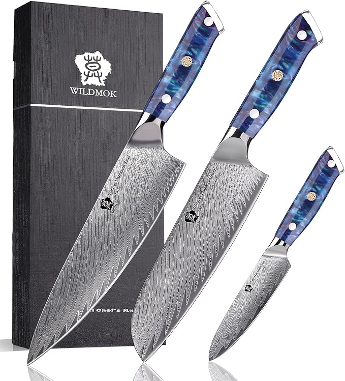 WILDMOK Kitchen Knife Set, 3 Piece Damascus Steel Professional Chef Knife Set with Ultra Sharp Blade & Resin Handle -Kitchen Knife Set 3 Pcs