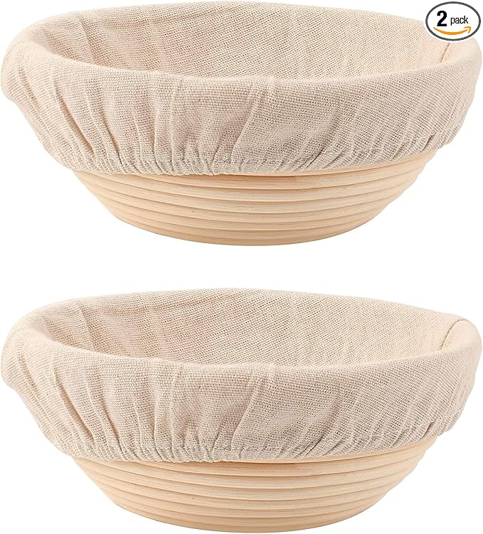 Round Bread Dough Proofing Rising Rattan Baskets(Set of 2, 9 inch) w/Liners for Home Sourdough Bread Bakers