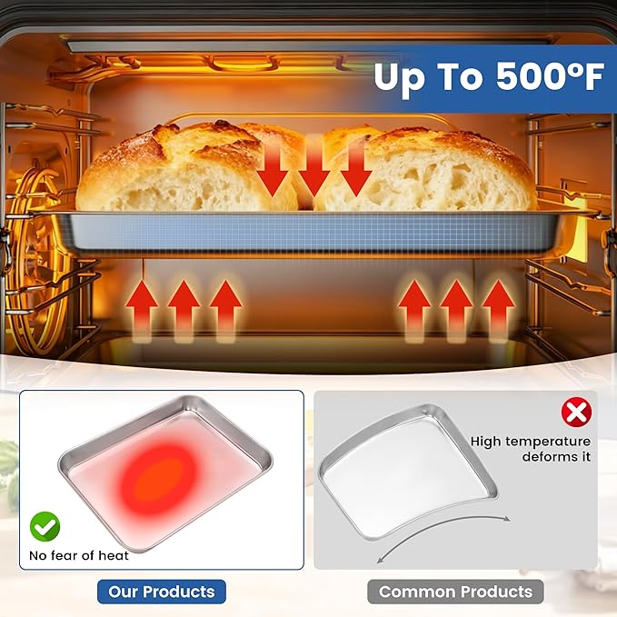 6 Pack Stainless Steel Baking Sheet Pans, 10.5" L × 8" W × 1" H Cookie Sheets for Toaster Oven, Rust-Resistant, Dishwasher Safe
