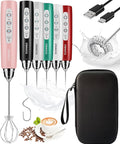 YUSWKO Rechargeable Milk Frother Handheld Frother Wand Drink Mixer for Coffee, Electric Whisk 3 Speed Adjustable, Coffee Foamer Maker with 3 Stainless Whisks Ideal Stirrers for Travel - Pink