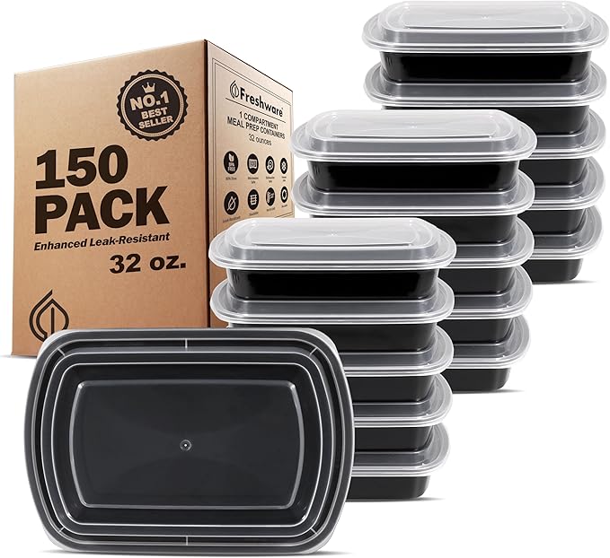 Freshware Bento Box Meal Prep Container, 32, 1-Compartment, 150-Pack, 32 ounce