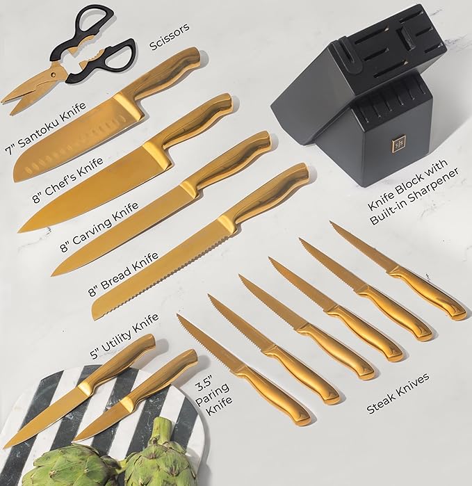 Styled Settings 14-Piece Knife Set with Block & Built-In Sharpener – Ultra-Sharp Full Tang Kitchen Knives – Premium Cooking & Prep Essentials, Gold Handle, Gold Blade & Black Block