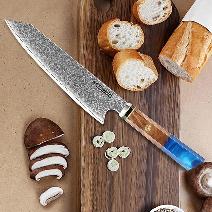 Seido Knives Kiritsuke Damascus Steel Chef Knife Epoxy Resin Stabilized Wood Handle Professional Kitchen Knife VG10 High Carbon Stainless Steel, Sapphire Blue
