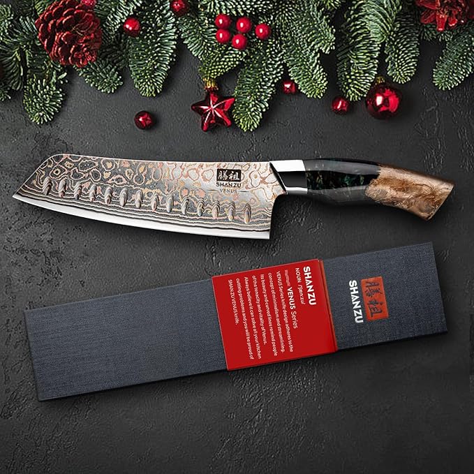 SHAN ZU Damascus Santoku Knife 7 inch, Japanese Kitchen Knives Copper & Damascus Steel High Carbon 33 Layer Hand Forged Ultra Sharp Utility Chef Knife Professional Carving Knife with Maple Wood Handle