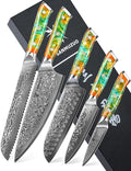 Chef Cooking Knives Set- Kitchen Knife Set of 5 Piece - Ultra-Sharp VG10 Damascus Steel & Resin Handle - Xuan Series (Fantasy Orange)
