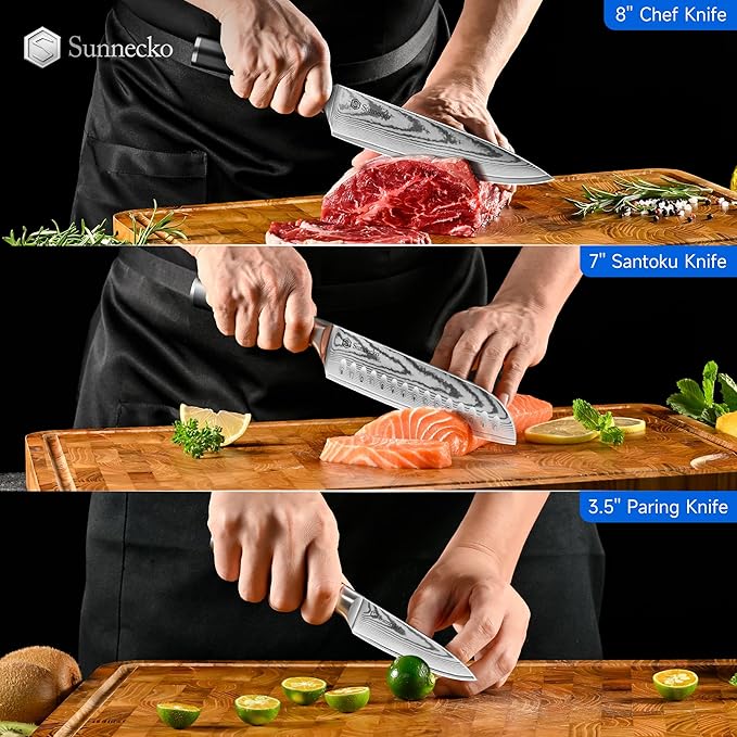 Sunnecko Damascus Knives Set,Japanese VG10 Core Steel Damascus 3PCS Chef Knife Set,Professional Razor Sharp Kitchen Knives Set with Knife Sharpner