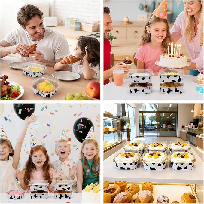 FORBFAN 150 Pcs Mini Square Baking Cups with Lids, 8 oz Mini Aluminum Cake Pans, Small Baking Tins Cow Print