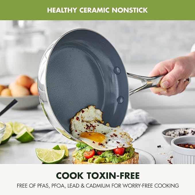 GreenPan Valencia Pro Stainless Steel 8” Frying Pan Skillet, Induction Suitable Mirrored Tri-Ply, Ceramic Nonstick PFAS-Free, Multi Clad Cookware, Dishwasher Oven & Broiler Safe
