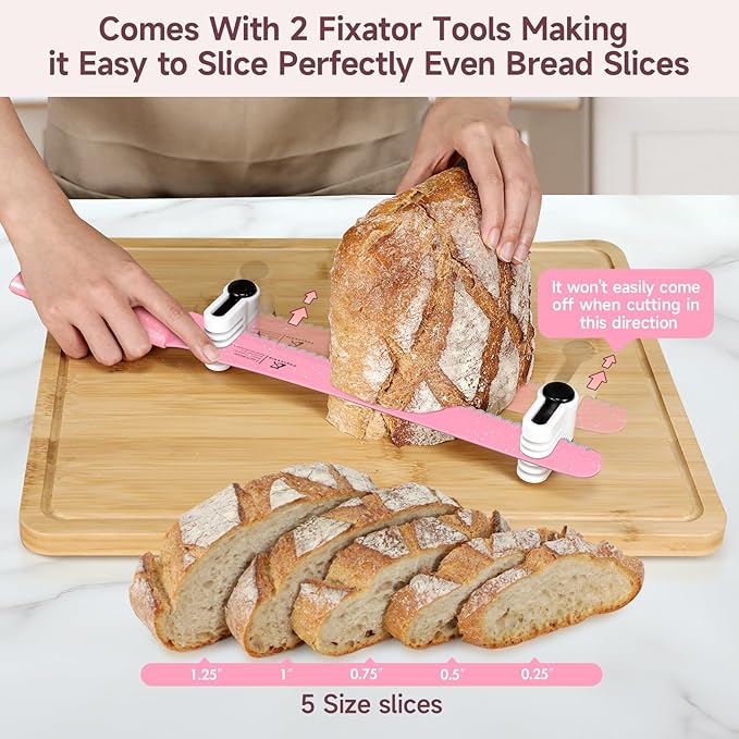 2025 Upgrade Bread Knife for Homemade Bread, World‘s 1st Double Serrated Knife with 5 Thickness Adjustable Slicing Guide, Stainless Steel Bread Cutter, Razor Sharp for Sourdough, Pink