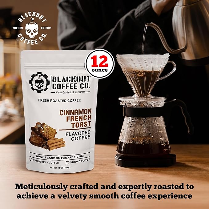 Blackout Coffee Cinnamon French Toast Flavored Ground Coffee – Medium Roast, Smooth Taste, Guilt-Free Indulgence – Freshly Roasted 12oz Pouch, American Made