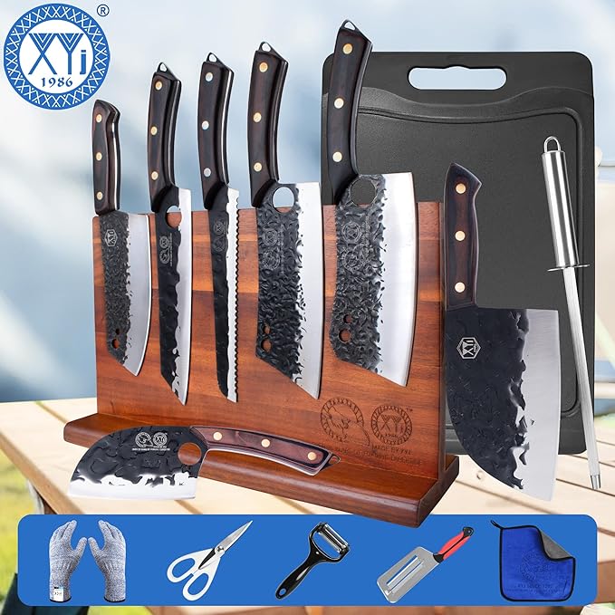 XYJ Authentic Since 1986, Knife Block Set, Full Tang Knives Set with Holder, Cutting Board, Sharpener Rod, Scissors, Cut Resistant Gloves, High Carbon Steel Blades, Cleaver, Slicing Kitchen Knives