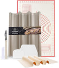 French Bread Kit - Baguette Pan for Baking, Silicone Baking Mat, Dough Cutter and Scraper, Bread Lame Cutter, & Bakers Couche Proofing Cloth - Nonstick Bread Pans for Homemade Bread Gift Set