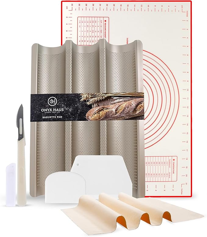 French Bread Kit - Baguette Pan for Baking, Silicone Baking Mat, Dough Cutter and Scraper, Bread Lame Cutter, & Bakers Couche Proofing Cloth - Nonstick Bread Pans for Homemade Bread Gift Set