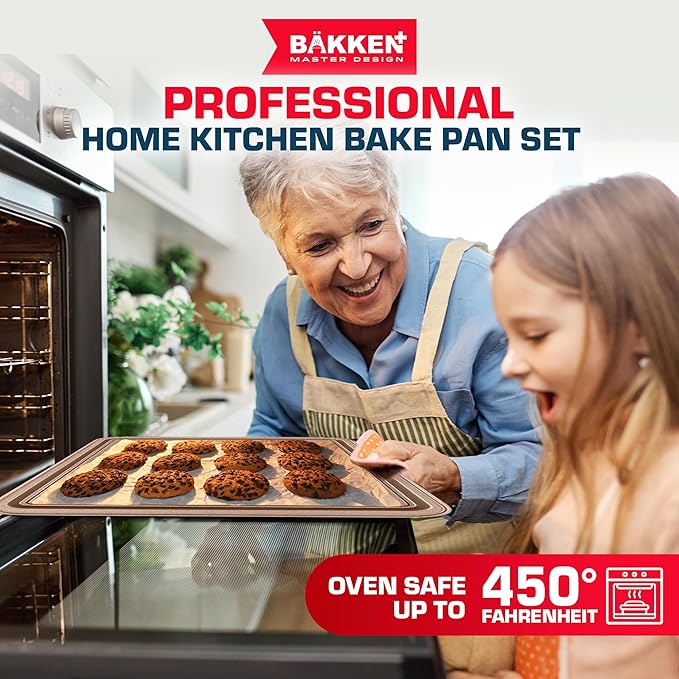 BAKKEN 10-Piece Kitchen Baking Pan Set - Commercial Grade Carbon Steel Bakeware, With Nonstick Coating, Stackable and Space-saving Design, PFOA, PFOS, PTFE Free, Oven Safe Tray (Up To 450°F), Brown