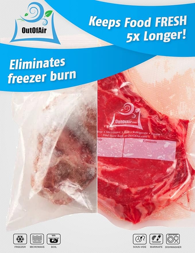 50 Zipper Vacuum Sealer Bags: Quart Size (8" x 12") - OutOfAir Vacuum Seal Zip Bags, Works with FoodSaver & Other Savers, 33% Thicker BPA Free Commercial Grade Great for Snacks On The Go