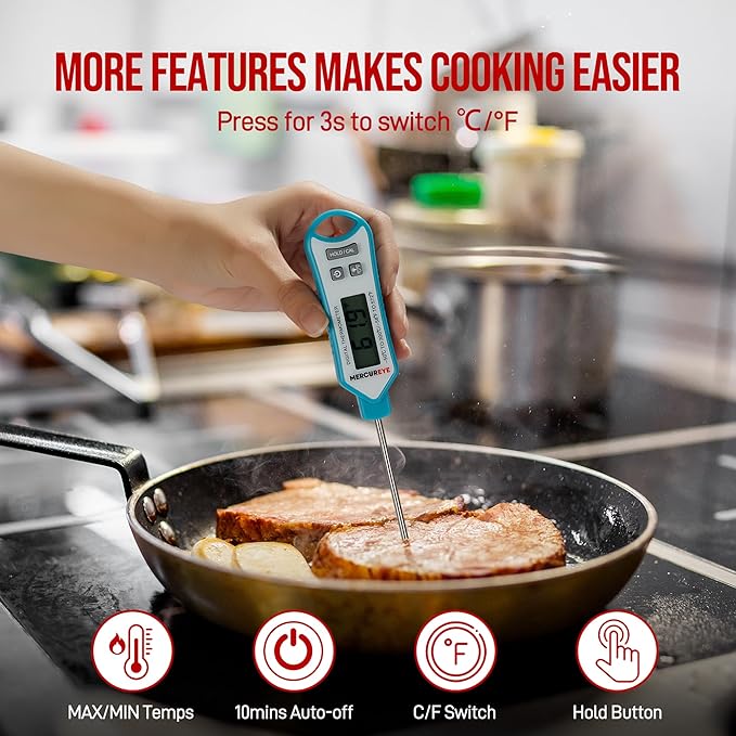 Meat Thermometer Digital, Instant Read Food Thermometer – Waterproof Nonslip Grip Kitchen Timer & Temp Chart Thermometer for Cooking Candy, Oil Fry Indoor & Outdoor Grilling Smoker Roast