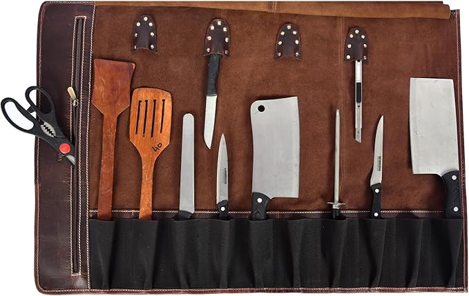 Leather Knife Roll Storage Bag, Elastic and Expandable 10 Pockets, Adjustable/Detachable Shoulder Strap, Travel-Friendly Chef Knife Case (Florida Brown, Leather)
