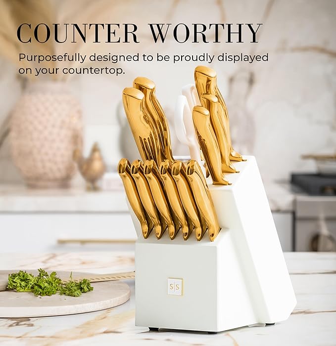 STYLED SETTINGS White and Gold Knife Set with Block – 14-PC Full Tang Titanium-Coated Stainless Steel Gold Knives and White Knife Block with Built-In Sharpener – Luxury Kitchen Accessories