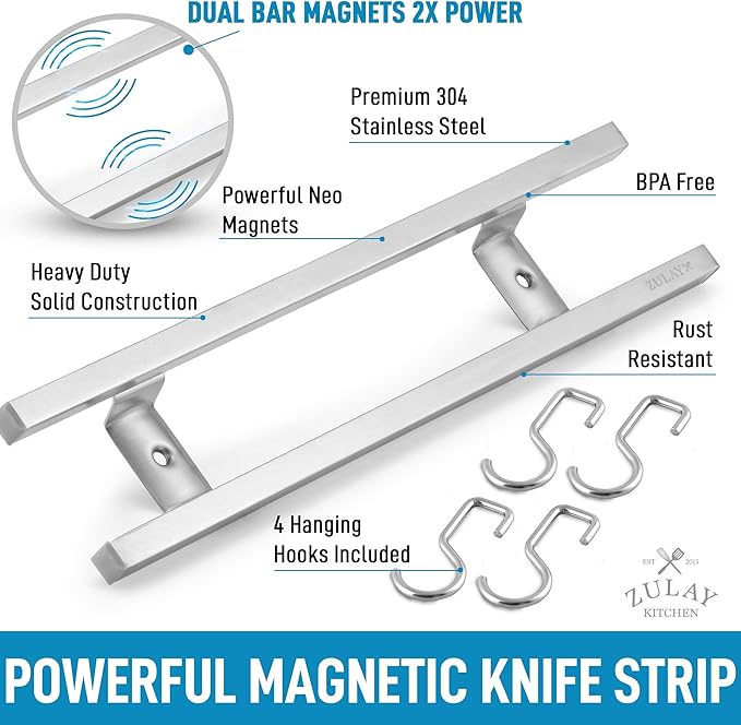 Zulay (12 Inch) Stainless Steel Magnetic Knife Holder For Wall - Powerful Knife Magnetic Strip With Extra Hanging Hooks - Wall Mount Magnetic Knife Strip & Organizer For Kitchen & Tools (Silver)