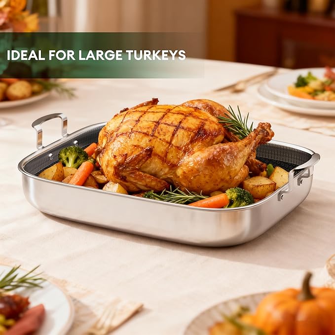 COOKER KING Stainless Steel Nonstick Roasting Pan with Rack, Roaster Turkey Pan Dishwasher and Oven Safe, Compatible with All Cooktops (Rectangular, Large)
