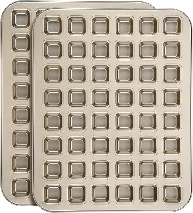 Beasea Square Mini Brownie Bite Pan, 2 Pack 48 Mini Small Tiny Cup All Edges Non Stick Square Cupcake Baking Sheet Tin Tray Carbon Steel Bakeware Individual Muffin Baking Pan - Gold