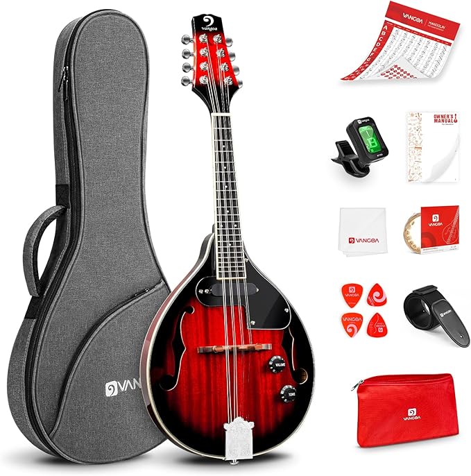 Vangoa Mandolin Musical Instrument A Style Acoustic Electric, 8 Strings Mahogany for Beginner Adults Teens, Red Burst