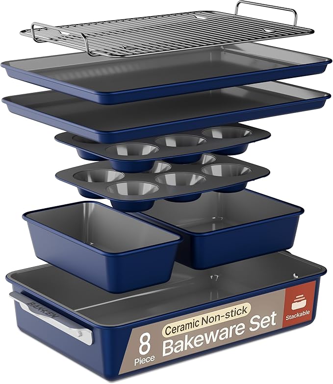 Bakken 8-Piece Ceramic Coated Bakeware Sets, Nonstick Aluminized Steel Pans with Muffin, Loaf, Cake, Roasting Pan, & Cooling Rack, Oven Safe Up To 500°F, Dishwasher Safe, BPA, PTFE & PFAS Free, Blue