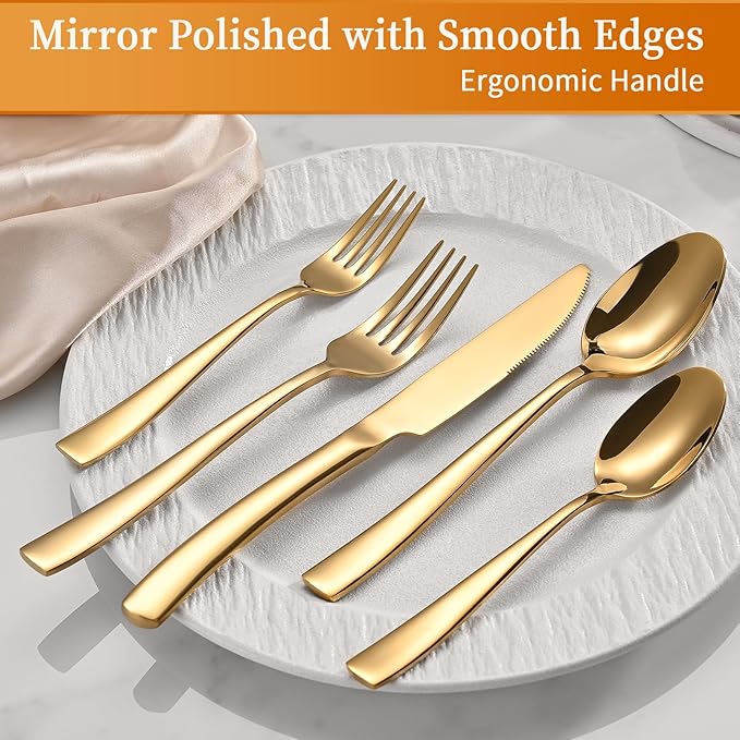 40-Piece Black Silverware Set, Heavy Duty Stainless Steel Flatware Cutlery Set Service for 8, Food-Grade Utensil Sets for Home Restaurant, Dishwasher Safe (Gold, 40)