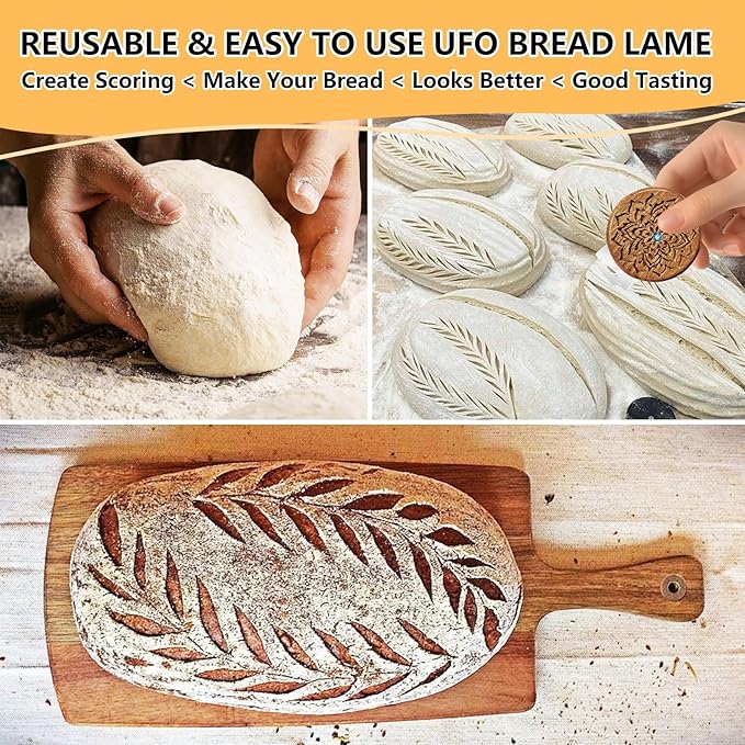UFO Bread Lame Sourdough Scoring Tool - Dough Scoring Tool for Sourdough Bread baking & Bread Making Tool, Wooden Scoring Tool with 5 Razor Blades, Leather Storage Cover, Finger Sleeves, Cleaning Tool