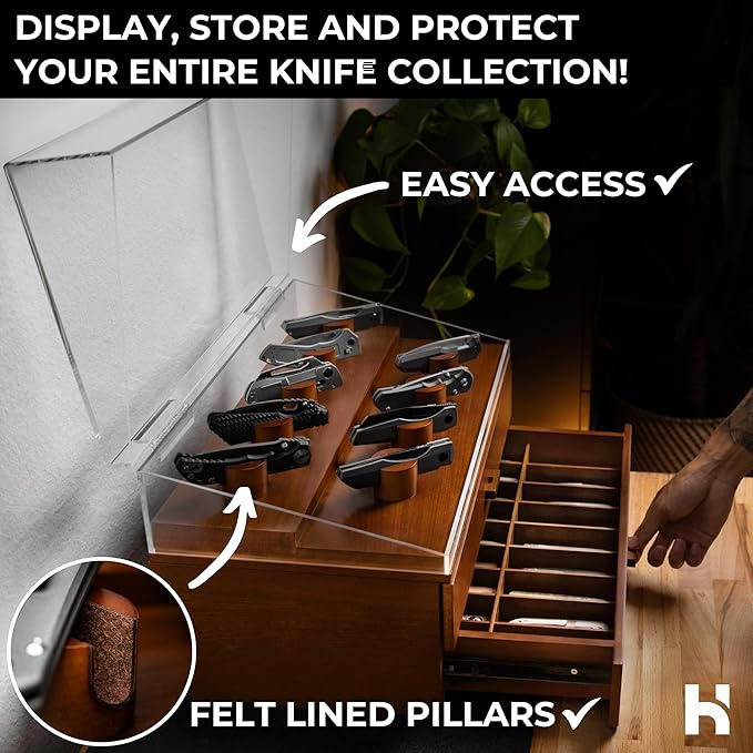 Premium Pocket Knife Display Case for 50 Knives - Extra Large Wooden Knife Organizer, Storage & Holder with Unique Pillars, 2 Drawers - Knife Collection Box - Handcrafted for Men