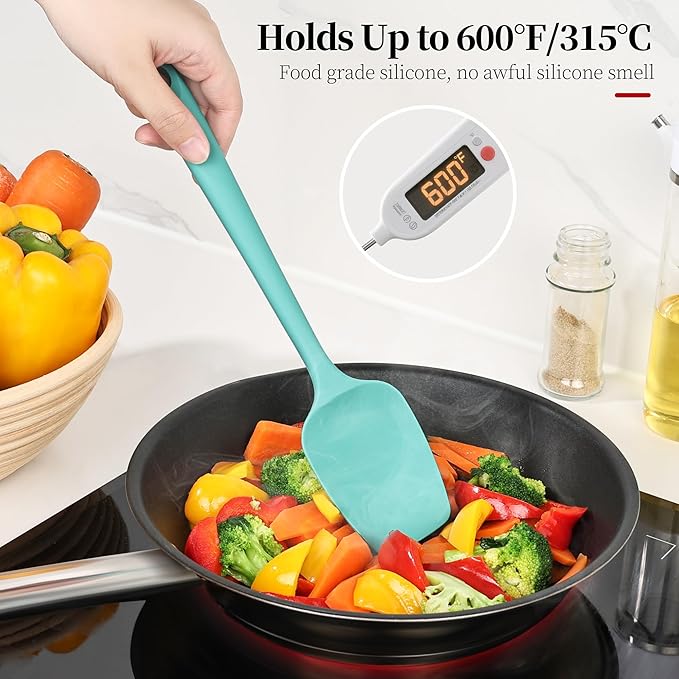 600ºF Heat Resistant Spatula, 11.34 inch High Heat Food Safe Semless Kitchen Silicone Spoon Spoonula Scraper for Cooking Baking Mixing Scraping Stirring Nonstick Cookware Pan Bowl (Aqua Sky)
