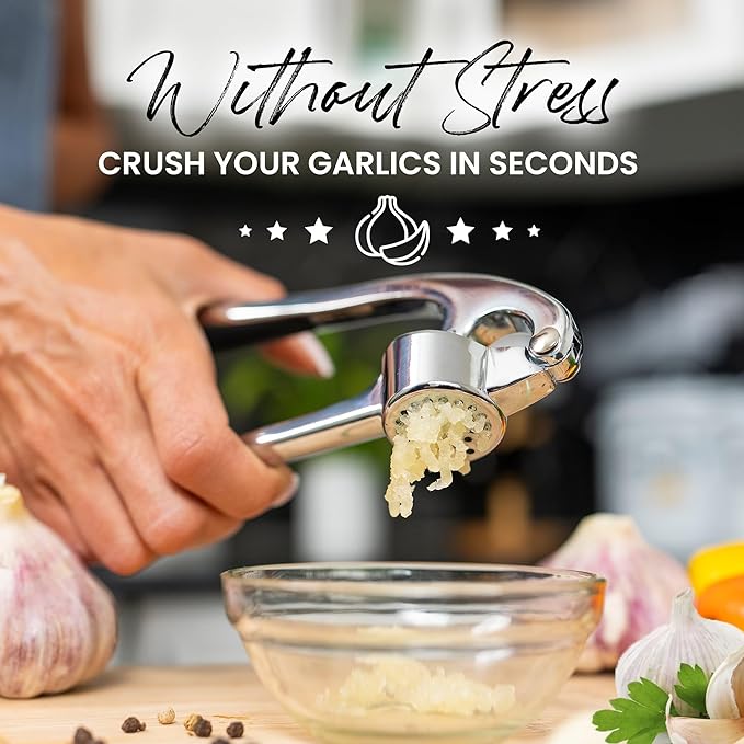 Premium Garlic Press, Garlic Mincer Set of 3 with Silicone Roller Peeler & Cleaning Brush, Extremely Durable Garlic Crusher, Ergonomic Handle, Extracts Most Garlic Paste Per Clove